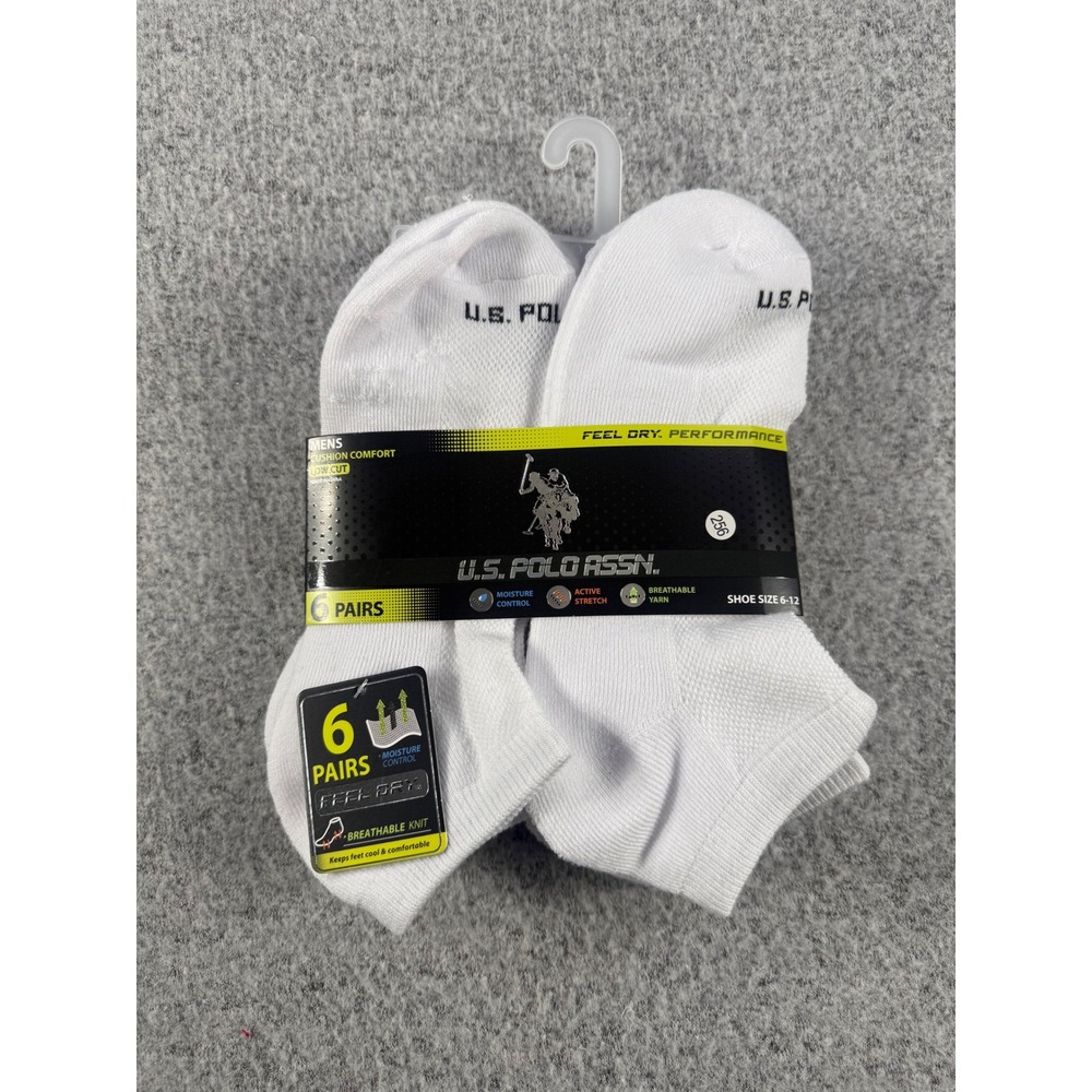 US Polo Assn Mens 6 Pair Low Cut Cushion Comfort Socks White Shoe Size 6-12
